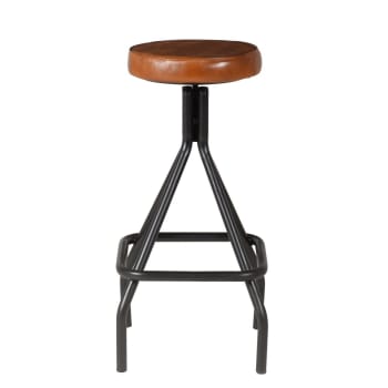 Tabouret de bar professionnel en cuir de buffle camel et métal noir Kendal  BUSINESS