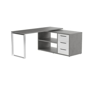 Net - Bureau angle réversible 3 tiroirs 2 niches décor gris et blanc