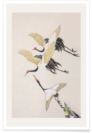 Swooping cranes - Affiche blanc ivoire & gris