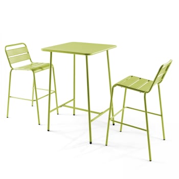 PALAVAS - Ensemble table de bar et 2 chaises hautes en métal vert