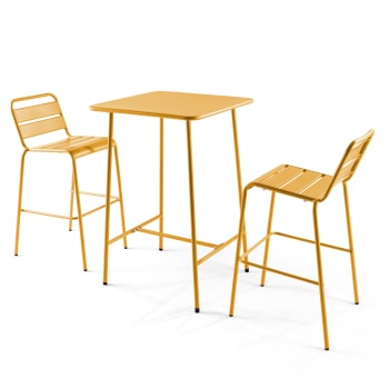 PALAVAS - Ensemble table de bar et 2 chaises hautes en métal jaune