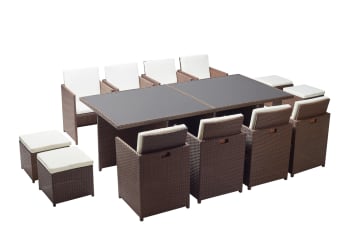 Monaco - Table et chaises 12 places encastrables résine marron/blanc
