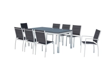 Arezzo - Table de jardin extensible et 8 chaises alu/textilène blanc