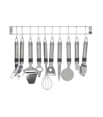 ACIER - Set de 8 ustensiles de cuisine en acier inoxydable avec support mural
