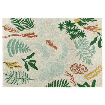 PLANTES ET FLEURS - Alfombra lavable de algodón beige y hojas verdes 140x200