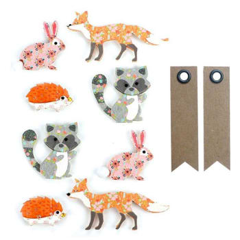 FANION - 8 stickers 3D animaux de la forêt + 20 étiquettes kraft