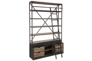 PORTO - Bibliothèque à échelle en bois et métal noir industrielle