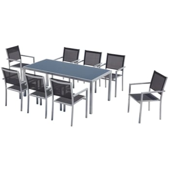 Salerne - Table de jardin et 8 fauteuils aluminium et textilène gris
