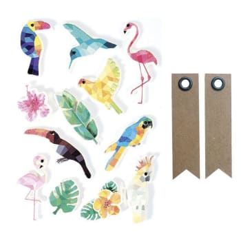 FANION - 12 stickers 3D oiseaux tropicaux 6 cm + 20 étiquettes kraft