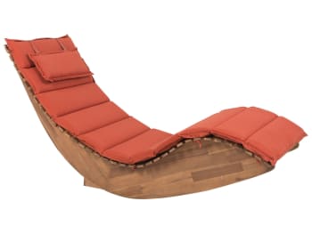 Brescia - Chaise longue en bois naturel et coussin rouge