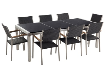 Grosseto - Table acier inox et plateau triple granit avec 8 chaises en rotin