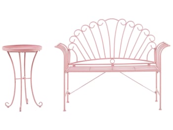 Cavinia - Ensemble de jardin banc et petite table en métal rose