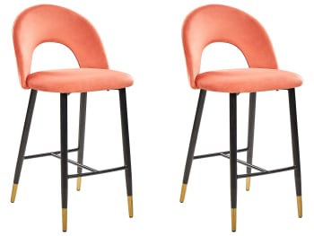 Falton - Lot de 2 chaises de bar en velours rouge corail