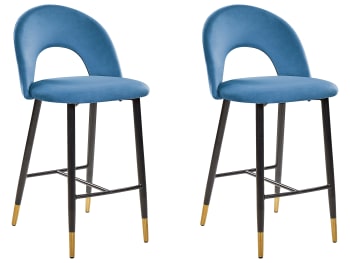 Falton - Lot de 2 chaises de bar en velours bleu marine