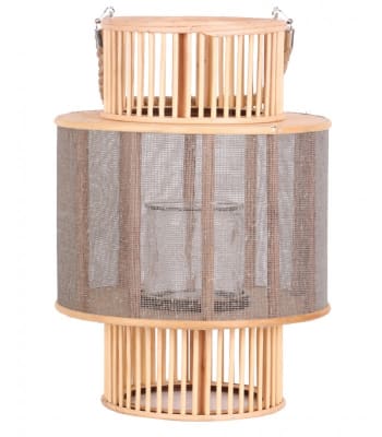 BOIS - Lanterne ronde en bois et bougeoir en verre H38cm