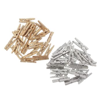 PINCES - 48 pequeños clips de madera brillantes - oro-plata