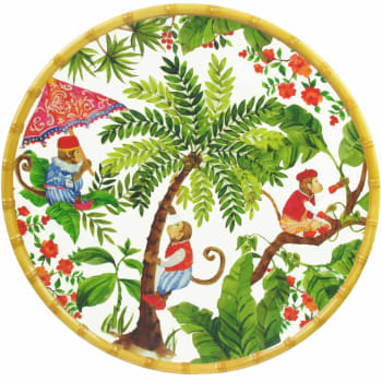 Singes de bali - Plato redondo de melamina decorado con monos de bali 35,5 cm