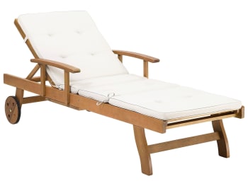 Java - Chaise longue en bois naturel avec coussin blanc crème