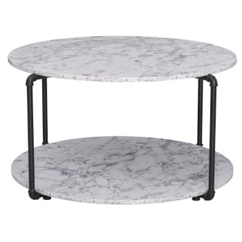 Table basse ronde avec étagère imitation marbre blanc métal noir