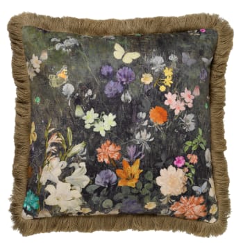 HOLLY - Housse de coussin vert en velours-45x45 cm avec motif fleuri
