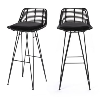 Capurgana - Lot de 2 chaises de bar design en rotin 75cm noir