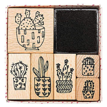 CACTUS - 6 tampons en bois avec encreur cactus