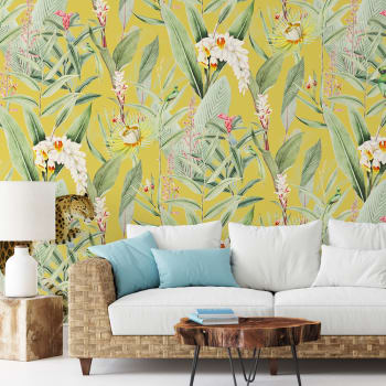 Papier peint panoramique motifs fleur jardin tropical canari 425x260cm