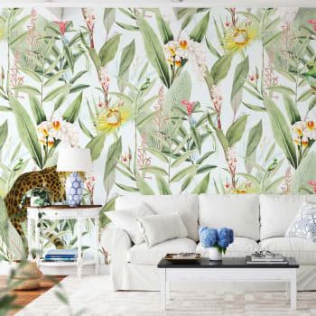 Papier peint panoramique motifs fleurs jardin tropical blanc 255x260cm
