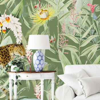 Papier peint panoramique motifs fleurs jardin tropical vert 425x260cm