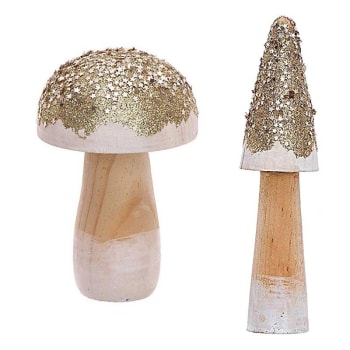 2 champignons décoratifs en bois dorés