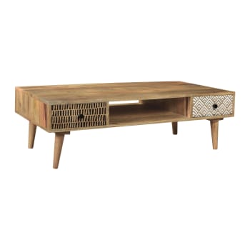 Tali - Table basse rectangulaire en bois, 2 tiroirs à motifs