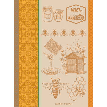 Miel et abeilles ocre - Torchon  pur coton beige 56x77
