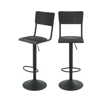 Clem - Chaise de bar réglable 60/80 cm en bois noir (lot de 2)