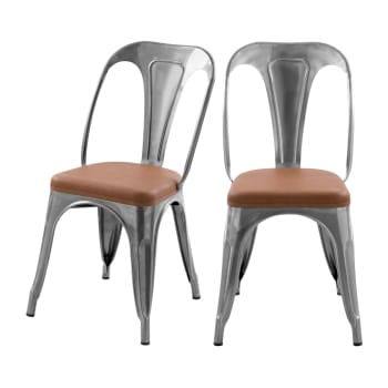 Charly - Chaise en métal chrome et cuir synthétique marron (lot de 2)