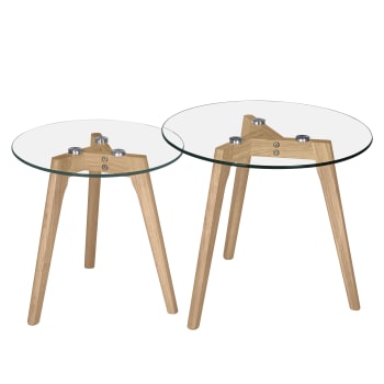 Vénus - Tavolini rotondi in vetro e legno di gomma (set di 2)