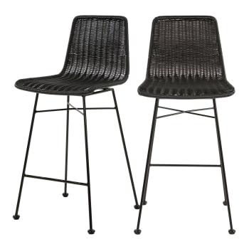 Mandya - Chaise de bar mi-hauteur 63 cm en résine tressée noire (x2)