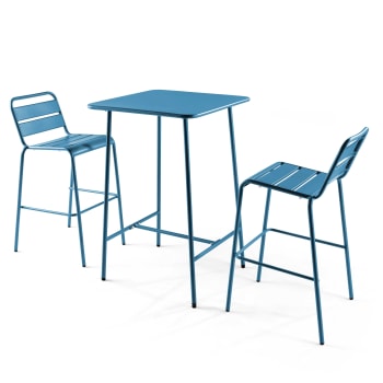 Palavas - Ensemble table de bar et 2 chaises hautes en métal bleu pacific