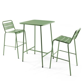 Palavas - Ensemble table de bar et 2 chaises hautes en métal vert cactus