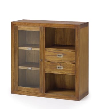 STAR COMBI - Vitrine en bois marron porte en verre et 2 tiroirs L 90 cm