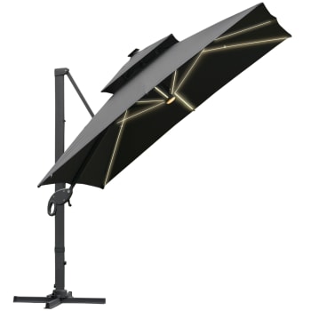 Parasol déporté LED carré double toit inclinable pivotant 360° gris
