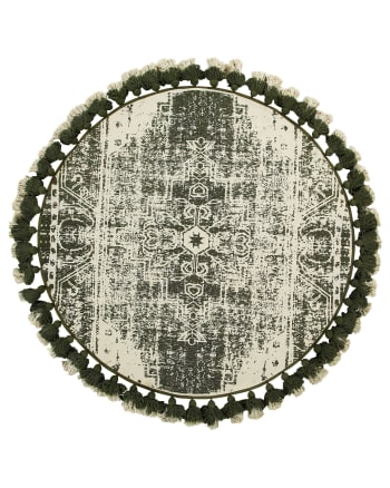 Kahta - Tapis rond à franges blanc crème et vert D120cm