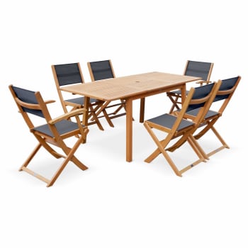 Almeria - Table de jardin 6 chaises en bois d'Eucalyptus huilé et textilène noir