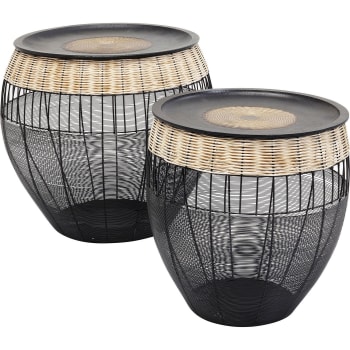 African drums - Beistelltisch-Set aus Drahtgeflecht mit Rattandetails in Schwarz