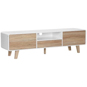 Meuble TV style scandinave 2 portes niche tiroir blanc effet bois