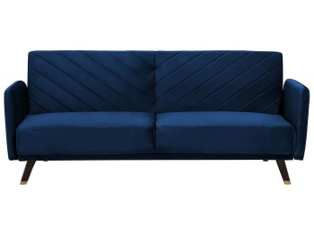 Senja - Sofá cama 3 plazas de terciopelo azul marino madera oscura