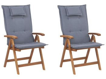 Java - Lot de 2 chaises de jardin naturelles avec coussins bleus