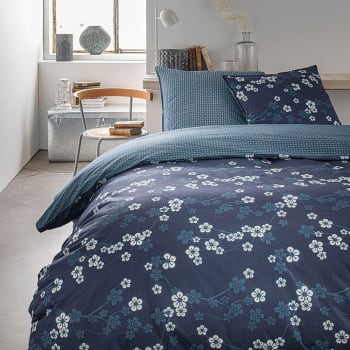 SUNSHINE - Parure de lit 2 personnes imprimé floral en Coton Bleu 220x240 cm