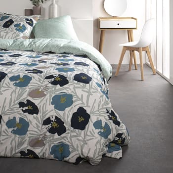 Sunshine - Parure de lit 2 personnes imprimé floral en Coton Bleu 240x260 cm