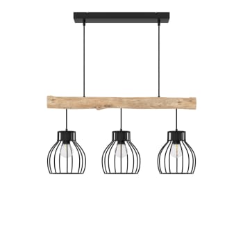 Abby - Suspension 3 lampes en bois d'eucalyptus et métal noir
