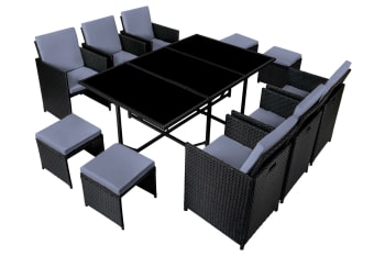 Florida - Table et chaises 10 places en résine tressée noir et gris